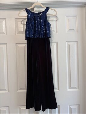 Girls Navy Sequin Velvet Jumpsuit, Sz 8